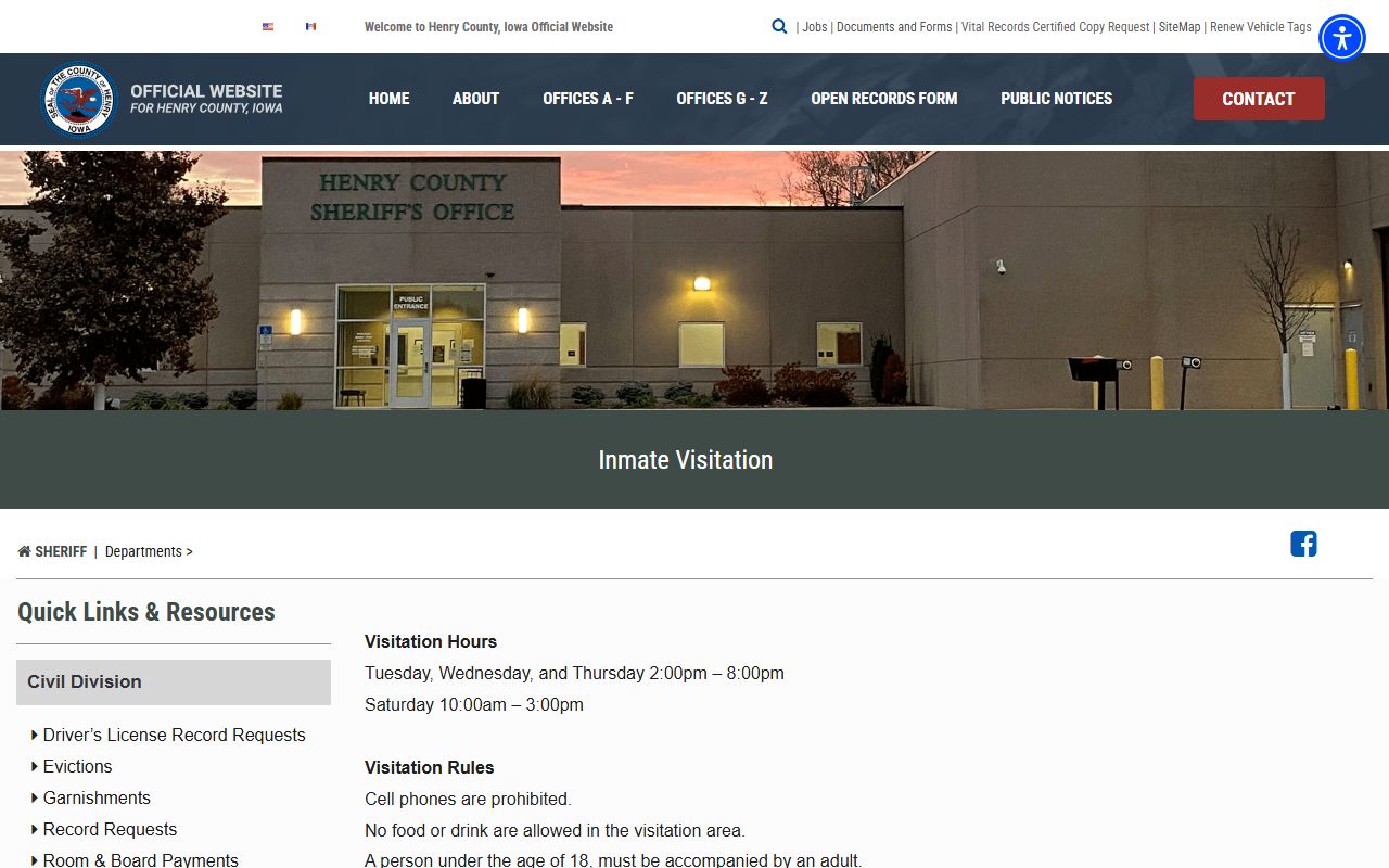 Henry County inmate visitation page with visiting hours and Reliance scheduling instructions