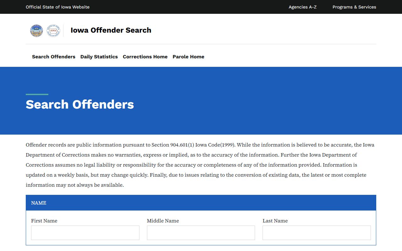 Iowa DOC Offender Search page with name and offender-number search fields