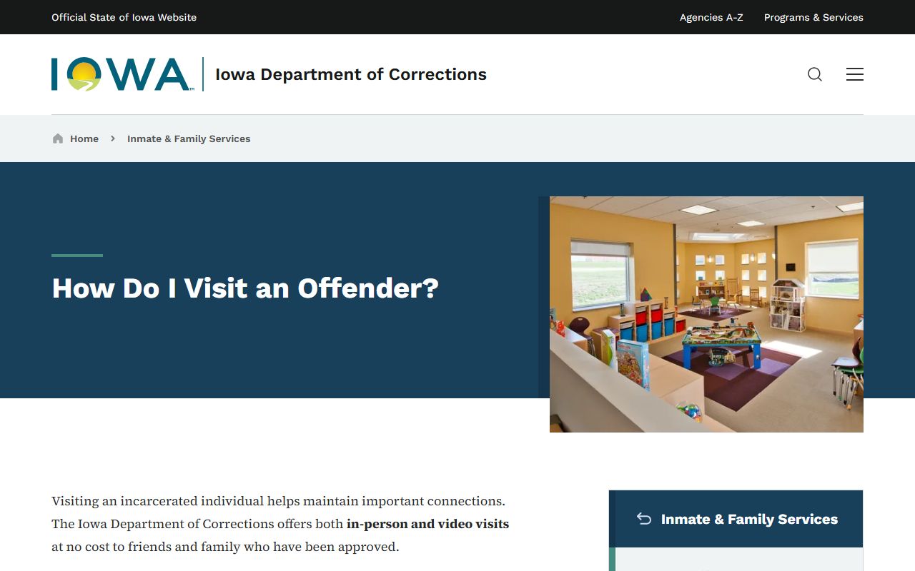Iowa DOC visiting page describing in-person and video visits scheduled through Ameelio